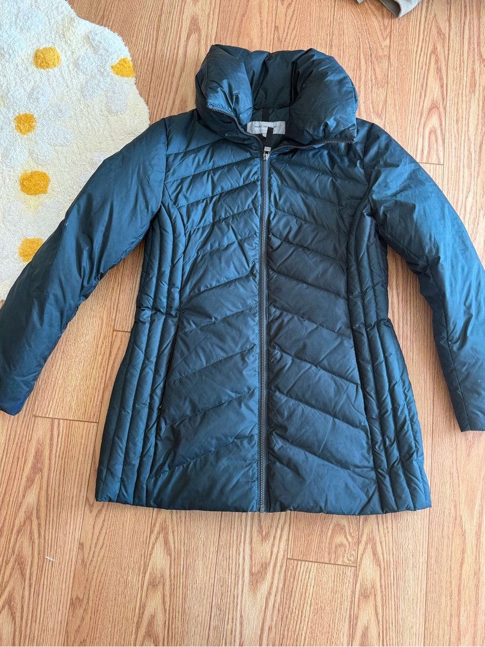 Andrew Marc New York Jade Teal Chevron Quilted Mid Length Puffer Coat
